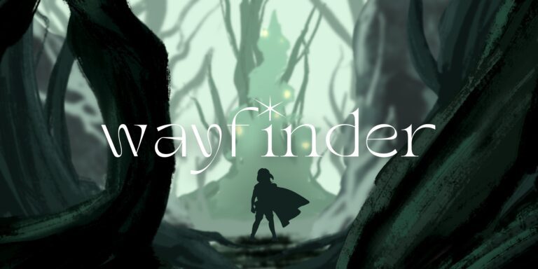 Wayfinder banner image. Illustration of a dark forrest, and a caped character staring at the tower before her.